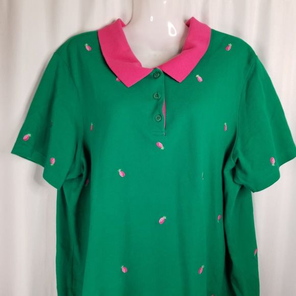 Quacker Factory Women's Polo Shirt Green Embroidered Pink Pineapple Size 1X - Picture 2 of 6